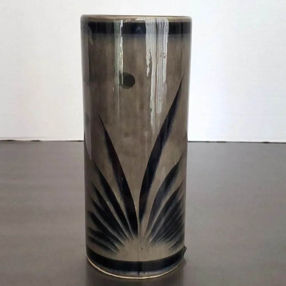 Vintage Tonala Mexican Pottery Hand Painted Floral Cylinder Vase 6.75